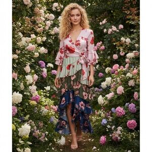 Multicolor floral tiered flutter ruffle belted maxi dress bloomcore